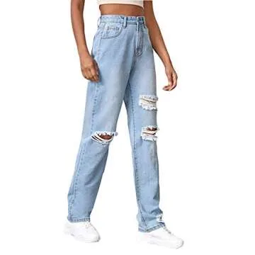 SweatyRocks Women's Ripped Straight Leg Jeans High Waist Distressed Cutout Denim Pants Light Blue M