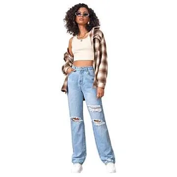 SweatyRocks Women's Ripped Straight Leg Jeans High Waist Distressed Cutout Denim Pants Light Blue M