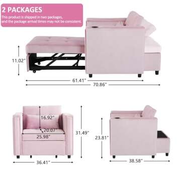 weselon Velvet Convertible Chair Bed, 3 in 1 Multi-Functional Lounge Chair Sleeper, Pull Out Couch G...