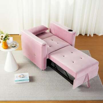 weselon Velvet Convertible Chair Bed, 3 in 1 Multi-Functional Lounge Chair Sleeper, Pull Out Couch Guest Bed with Hidden Table and Adjustable Backrest for Living Room Small Space Apartment (Pink)