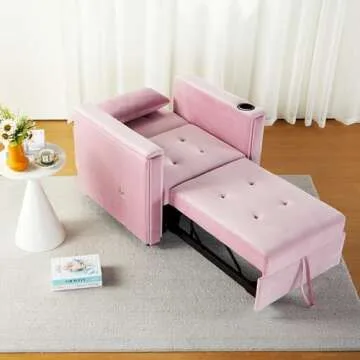 weselon Velvet Convertible Chair Bed, 3 in 1 Multi-Functional Lounge Chair Sleeper, Pull Out Couch Guest Bed with Hidden Table and Adjustable Backrest for Living Room Small Space Apartment (Pink)