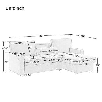 LUMISOL 89" Convertible Sleeper Sofa Bed, L-Shaped Sectional Sofa with Pull Out Bed, Reversible Stor...