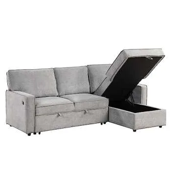 LUMISOL 89" Convertible Sleeper Sofa Bed, L-Shaped Sectional Sofa with Pull Out Bed, Reversible Storage Chaise, Upholstered Sofa Couch with Cup Holders & USB Ports for Living Room, Small Spaces, Gray
