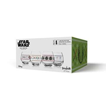 JoyJolt Star Wars™ Ugly Sweater Stemless Glasses. Set of 4 Large 15oz Stemless Glass Drinking Glasses Gifts for Kitchen Men or Women, Star Wars Collectibles for Adults
