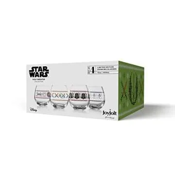 JoyJolt Star Wars™ Ugly Sweater Stemless Glasses. Set of 4 Large 15oz Stemless Glass Drinking Glasses Gifts for Kitchen Men or Women, Star Wars Collectibles for Adults