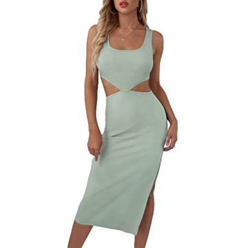 Verdusa Women's Cut Out Waist Split Side Square Neck Midi Bodycon Tank Dress Mint Green S