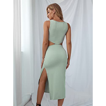 Verdusa Women's Cut Out Waist Split Side Square Neck Midi Bodycon Tank Dress Mint Green S