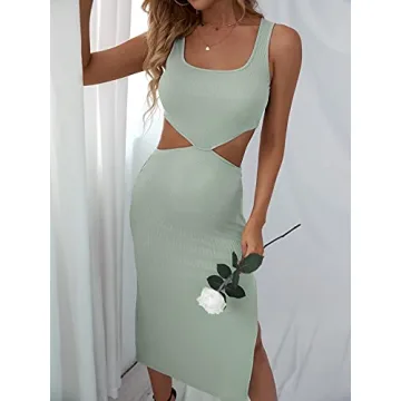 Verdusa Women's Cut Out Waist Split Side Square Neck Midi Bodycon Tank Dress Mint Green S