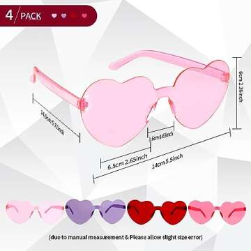 Pink Heart Sunglasses, Heart Glasses, 4 Pairs Heart Shaped Sunglasses Bulk, Red Heart Sunglasses, Party Clear Heart Shaped Glasses, Purple Heart Sunglasses, Hot Pink Heart Sunglasses for Women Men