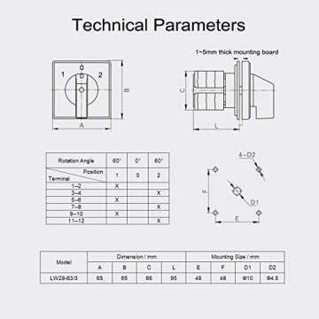 VictorsHome Changeover Switch LW28-63 3 Positions 12 Terminals Universal Rotary Cam Selector Latching Switches 690V 63A