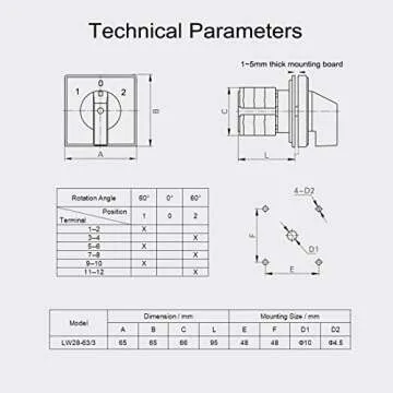 VictorsHome Changeover Switch LW28-63 3 Positions 12 Terminals Universal Rotary Cam Selector Latching Switches 690V 63A