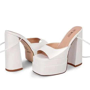 wetkiss Patent White Platform Lace Up Sandals for Women, Size 8, Block Heel, Casual