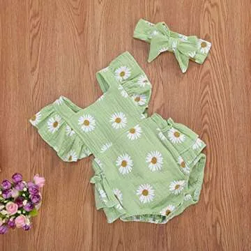 Baby Girls Floral Cotton Leotard Romper Newborn Daisy Playsuits Ruffled Sleeve Onesie Infant Jumpsuit Clothes Headband (Green,0-6 Months)