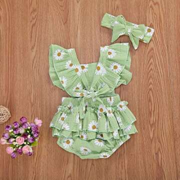 Baby Girls Floral Cotton Leotard Romper Newborn Daisy Playsuits Ruffled Sleeve Onesie Infant Jumpsuit Clothes Headband (Green,0-6 Months)