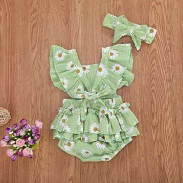 Baby Girls Floral Cotton Leotard Romper Newborn Daisy Playsuits Ruffled Sleeve Onesie Infant Jumpsuit Clothes Headband (Green,0-6 Months)