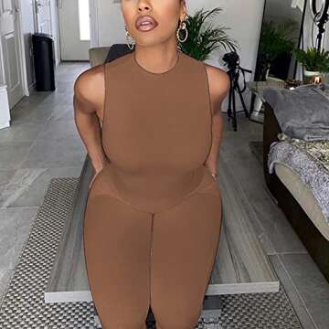 LuFeng Women's Sexy Sleeveless Zipper Bodycon Party Club Long Rompers Jumpsuit (S, Brown)