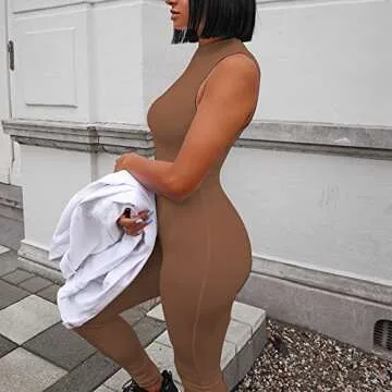 LuFeng Women's Sexy Sleeveless Zipper Bodycon Party Club Long Rompers Jumpsuit (S, Brown)