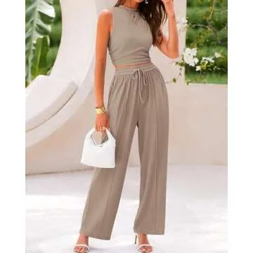 BTFBM Women Summer 2 Piece Outfits 2025 Beach Crew Neck Sleeveless Cropped Top Elastic Waist Wide Le...