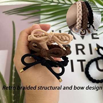 12 Pcs Hair Ties with Bow and Braided Design - High Elastics Ponytail Holders, Bracelets for Women, Girls (3 Colors) - No Damage, No Crease - For Thick, Thin, and Curly Hair
