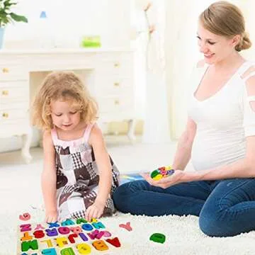 Attmu Wooden Puzzles for Toddlers, Alphabet Puzzle and Number Puzzle, 2 in 1 Preschool Educational Learning Toys with Chunky Wood ABC Puzzle Board, for Girls Boys Kindergarten Set of 2