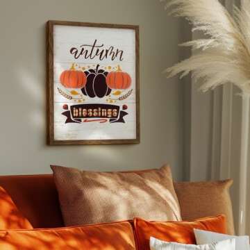 ArtbyHannah Fall Wall Deocr Framed 3d Fall Wall Art,Rustic Thanksgiving Decor with Pumpkins Fall Pictures Wall Decor,Vintage Fall Decorations for Home Kitchen Living Room(12×16 Inch Brown Framed)