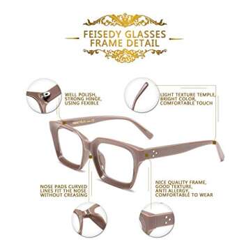 FEISEDY Glasses Frame Womens, Square Thick Eyeglasses Frame, Classic Eyewear for Men B2461
