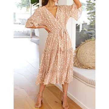 Miessial Women's Casual Boho V Neck Short Sleeve Floral Chiffon Maxi Dress Summer Beach Layered Long Dress with Belt Beige