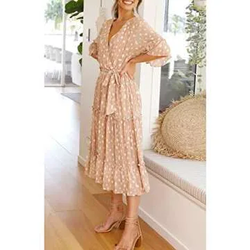 Miessial Women's Casual Boho V Neck Short Sleeve Floral Chiffon Maxi Dress Summer Beach Layered Long Dress with Belt Beige