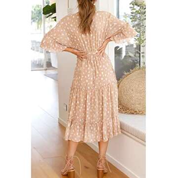 Miessial Women's Casual Boho V Neck Short Sleeve Floral Chiffon Maxi Dress Summer Beach Layered Long Dress with Belt Beige