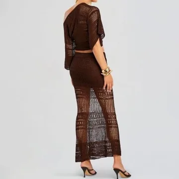 VOIKERDR Crochet One Shoulder Top & Maxi Skirt Set for Women