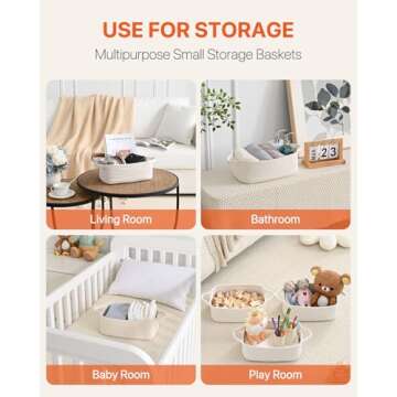 Small Woven Basket, 12 x 8 x 4.5 Inches, Small Storage Baskets for Organizing, Gift Baskets Empty, Cute Small Rope Shelf Closet Storage Bins Baskets for Shelves, Dog Toy Basket, 3 Packs, Off White