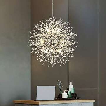 Qamra Modern Crystal Chandeliers, Chrome Firework Dandelion Sputnik Chandelier Light Fixture Pendant...