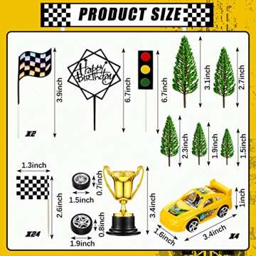 Yulejo 38 Pcs Racing Car Cake Decoration with Race Car Cake Topper Wheel Checkered Racing Flag Cupca...