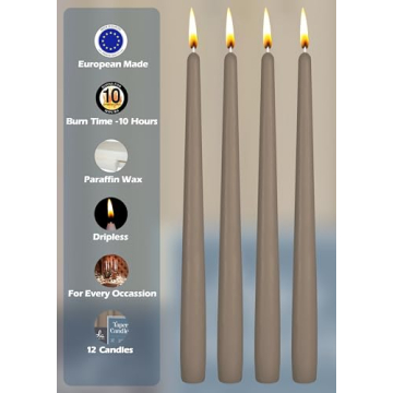 Hyoola 12 Pack Tall Taper Candles - 12 Inch Taupe Dripless, Unscented Dinner Candle - Paraffin Wax with Cotton Wicks - 10 Hour Burn Time.