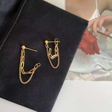 Tsnamer 14K Gold Plated Drop Chain Link Dangle Earrings for Women Threader Earrings (Gold)