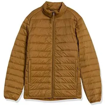 Amazon Essentials Men's Packable Lightweight Water-Resistant Puffer Jacket (Available in Big & Tall), Light Brown, Large