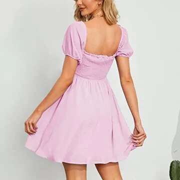 Byinns Women's Sweetheart Neckline Dress Smocked Sundress Puff Short Sleeve Drawstring Dresses