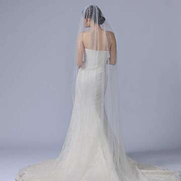 azaleas Wedding Bridal Veil with Comb 1 Tier Cut Edge Fingertip&Cathedral Length Pearl(V05)