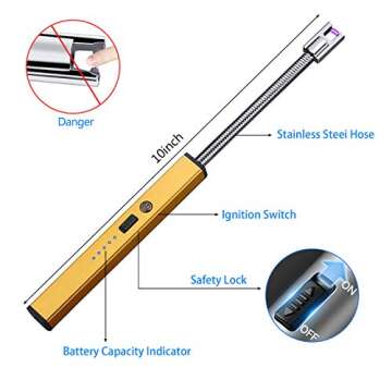 Aolfay Lighter,Rechargeable Lighter Candle Lighter Electric Lighter USB Lighter ​Grill Lighter Plasma LED Battery Display Safety Switch Arc Lighter for Camping Cooking BBQ Fireworks, Gold