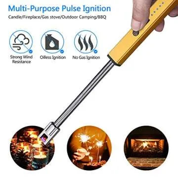 Aolfay Lighter,Rechargeable Lighter Candle Lighter Electric Lighter USB Lighter ​Grill Lighter Plasma LED Battery Display Safety Switch Arc Lighter for Camping Cooking BBQ Fireworks, Gold