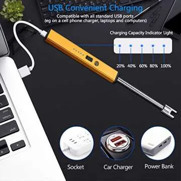 Aolfay Lighter,Rechargeable Lighter Candle Lighter Electric Lighter USB Lighter ​Grill Lighter Plasma LED Battery Display Safety Switch Arc Lighter for Camping Cooking BBQ Fireworks, Gold