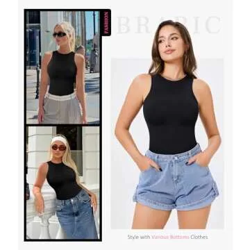 BRABIC Black Bodysuits for Women Shapewear Tummy Control Seamless Body Shaper Crew Neck Sleeveless Tank Top Bodysuit (Black, Medium)