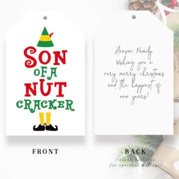 Funny Christmas Gift Tags, 48Pcs Elf Gift Tags for Christmas Presents Package Wrapping, Buddy The Elf Merchandise Decorations, Holiday Gift Name Tags with String, Hanging Labels for Party Favors