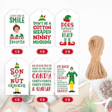 Funny Christmas Gift Tags, 48Pcs Elf Gift Tags for Christmas Presents Package Wrapping, Buddy The Elf Merchandise Decorations, Holiday Gift Name Tags with String, Hanging Labels for Party Favors