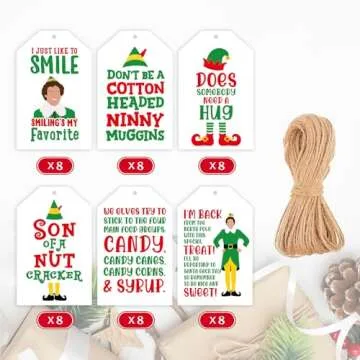 Funny Christmas Gift Tags, 48Pcs Elf Gift Tags for Christmas Presents Package Wrapping, Buddy The Elf Merchandise Decorations, Holiday Gift Name Tags with String, Hanging Labels for Party Favors