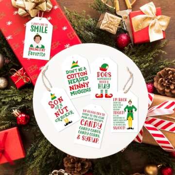 Funny Christmas Gift Tags, 48Pcs Elf Gift Tags for Christmas Presents Package Wrapping, Buddy The Elf Merchandise Decorations, Holiday Gift Name Tags with String, Hanging Labels for Party Favors