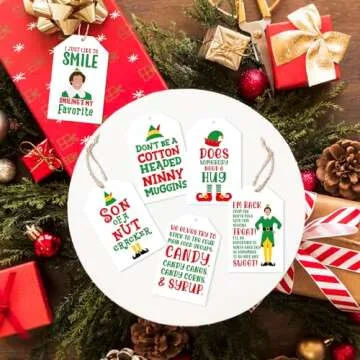 Funny Christmas Gift Tags, 48Pcs Elf Gift Tags for Christmas Presents Package Wrapping, Buddy The Elf Merchandise Decorations, Holiday Gift Name Tags with String, Hanging Labels for Party Favors