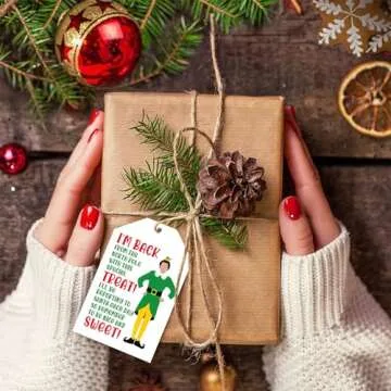 Funny Christmas Gift Tags, 48Pcs Elf Gift Tags for Christmas Presents Package Wrapping, Buddy The Elf Merchandise Decorations, Holiday Gift Name Tags with String, Hanging Labels for Party Favors