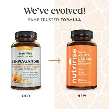 NutriRise Organic Ashwagandha Root Capsules with Black Pepper, 1300mg, Natural Stress & Mood, Thyroi...