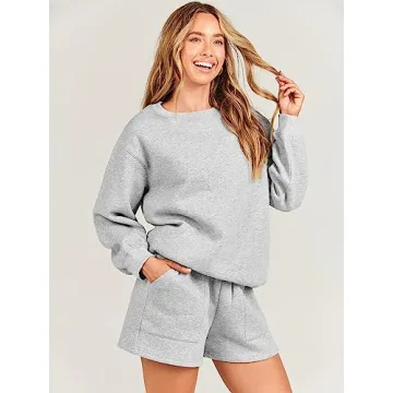 ANRABESS Women 2 Piece Outfits Sweat Shorts Sets 2024 Oversized Casual Lounge Matching Set Sweatsuit Tracksuit Clothes Light Grey Medium
